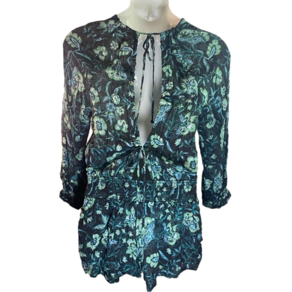 FREE PEOPLE Dance ‘Til Dawn Green Black Floral Romper NWOT Size S SKU0643 - Picture 5 of 10